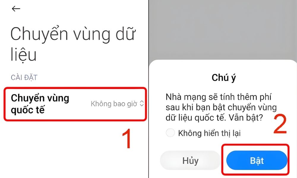 Chọn vào chuyển vùng quốc tế và chọn nút Bật 