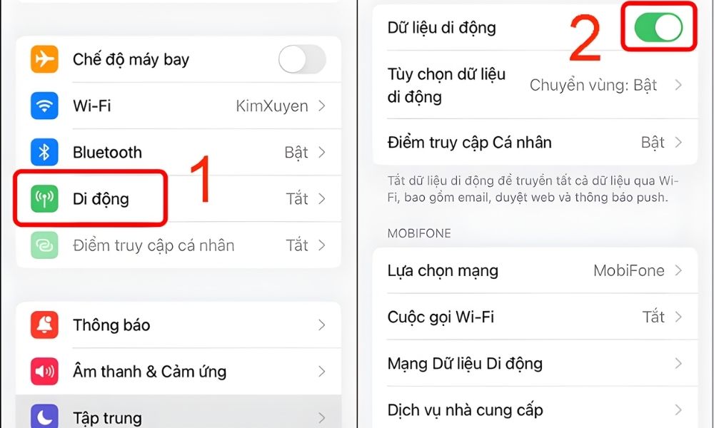 Chọn vào Di động sau đó nhấn bật Dữ liệu di động