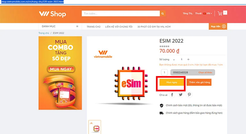 Đăng ký mua eSIM Vietnamobile Online