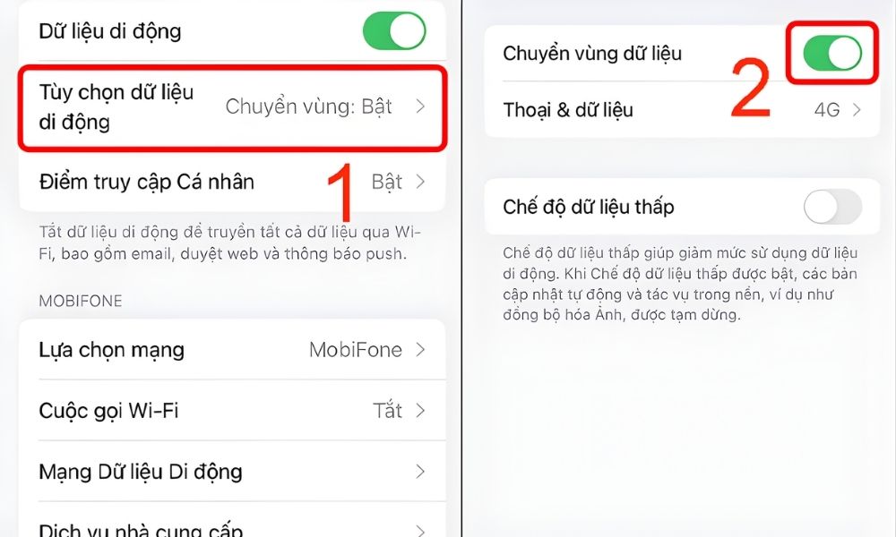 Nhấn chọn Tuỳ chọn dữ liệu di động sua đó bật Chuyển vùng dữ liệu