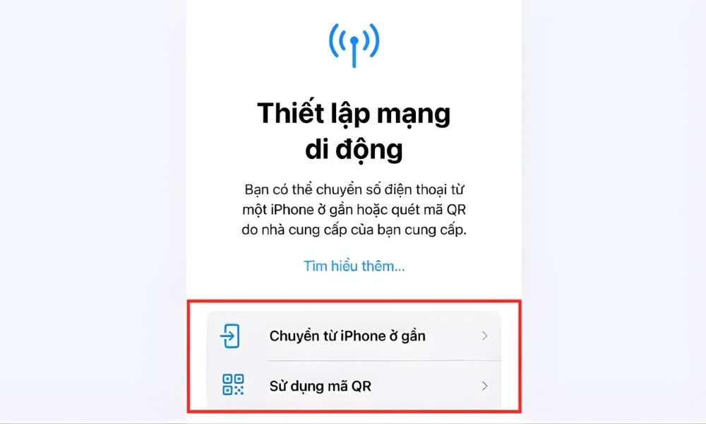 Chọn thiết lập một trong hai để kích hoạt tính năng eSim