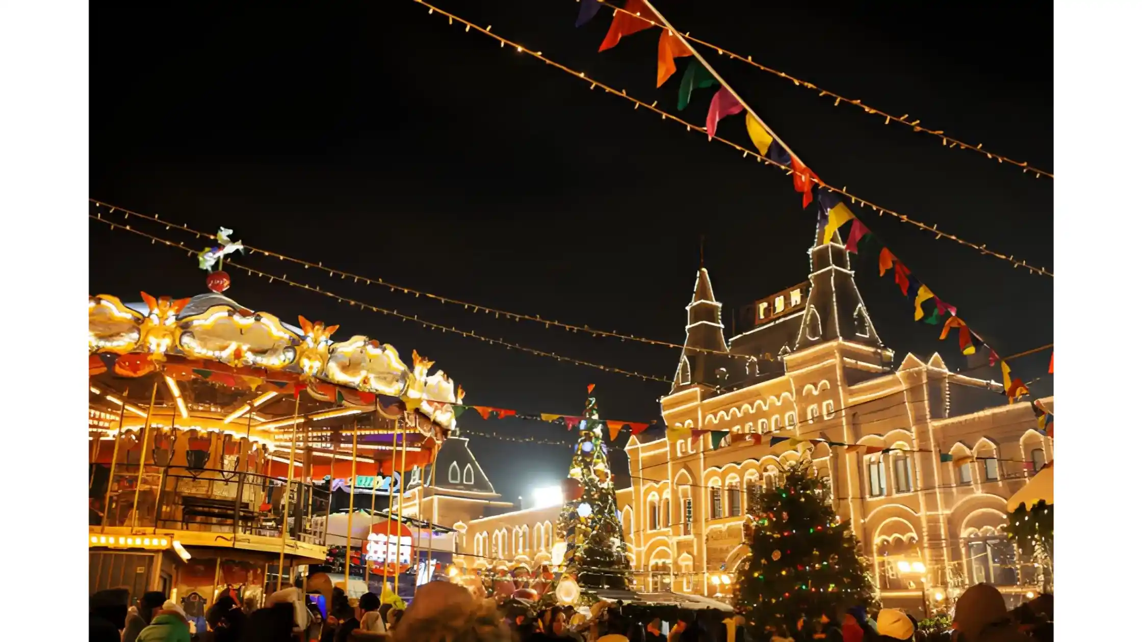 Hình ảnh toàn cảnh Quảng trường Đỏ ban đêm với ánh đèn rực rỡ từ GUM Moscow.